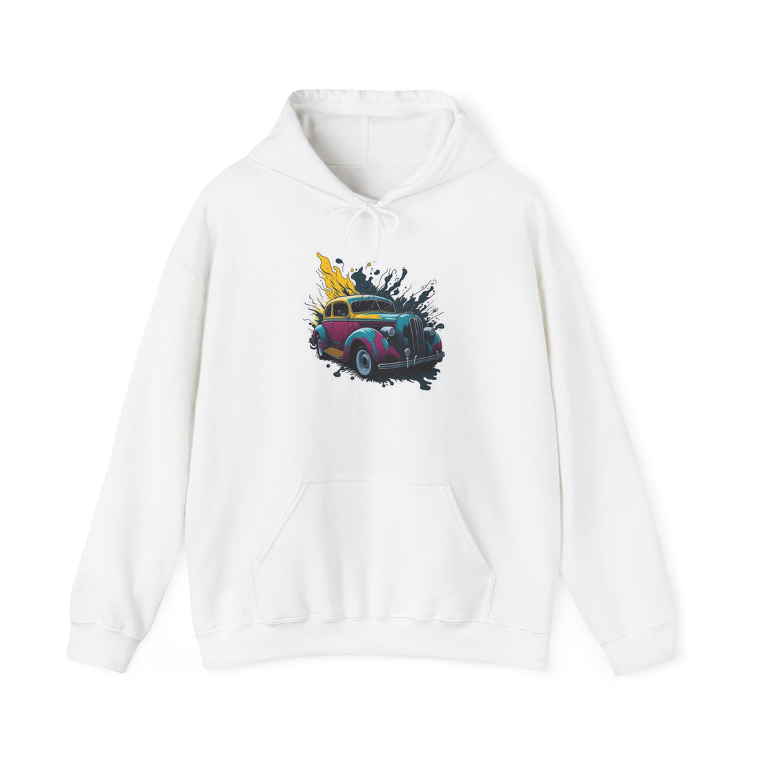 Front view of retro car hoodie with vintage graphic for car lovers