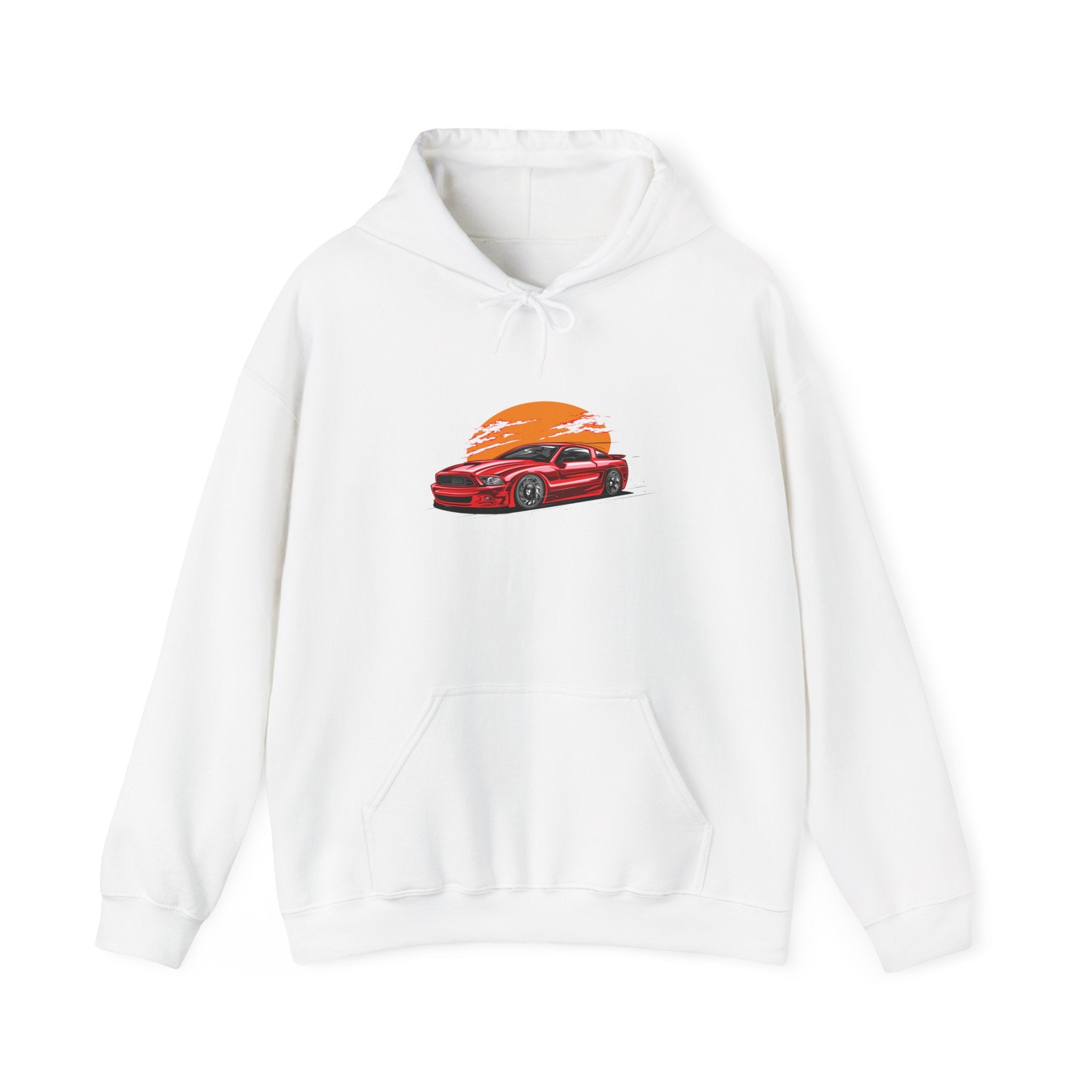Retro Car Sunset hoodie featuring Mustang GTR graphic – front view