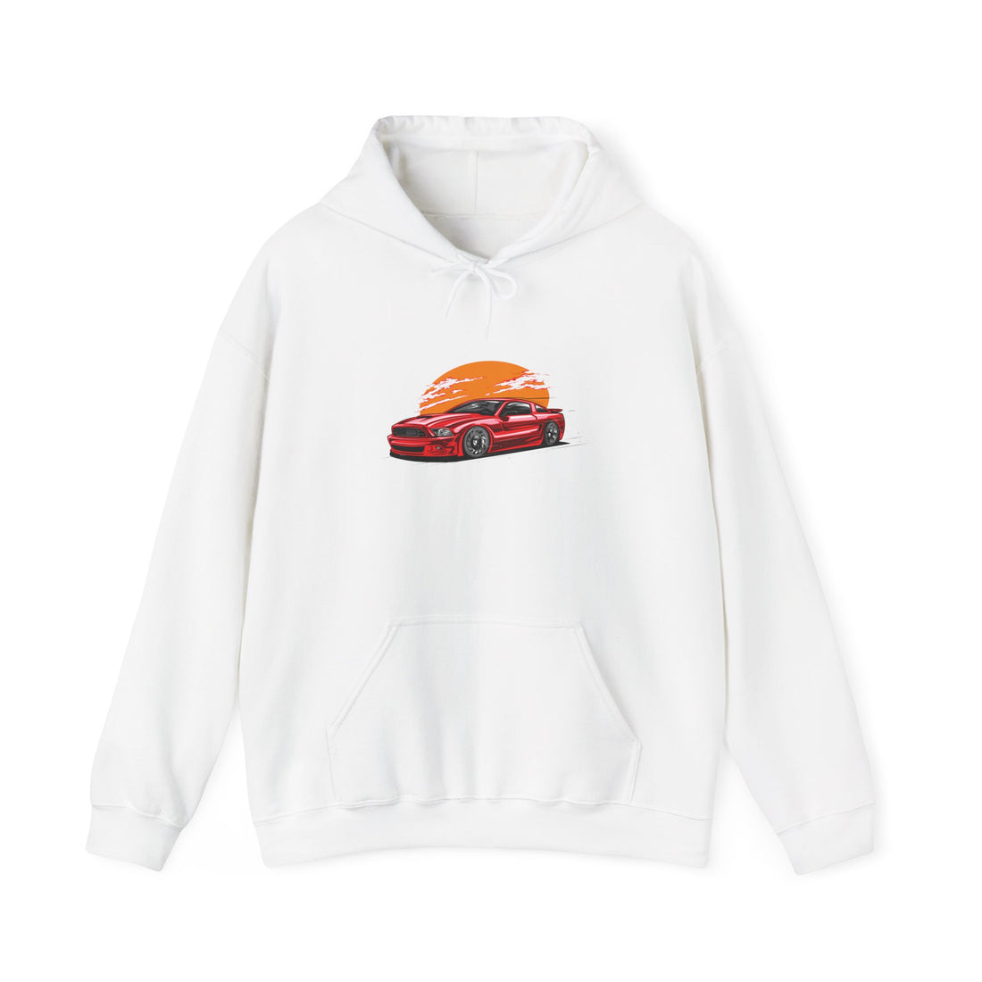 Retro Car Sunset hoodie featuring Mustang GTR graphic – front view