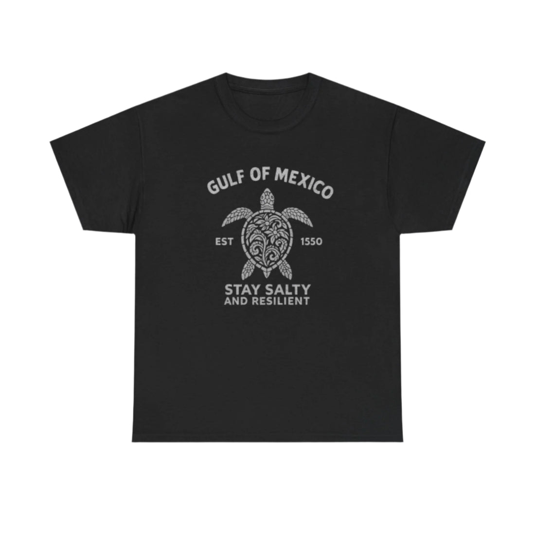 Front view of Stay Salty Gulf of Mexico shirt with vintage turtle graphic