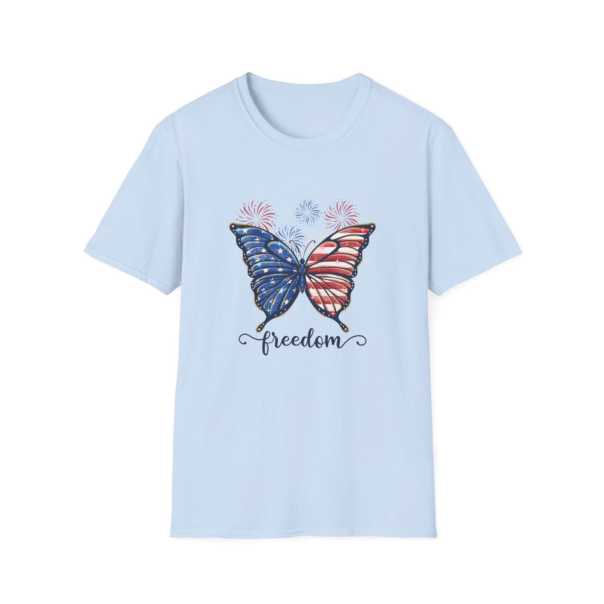 Unisex American Flag shirt with butterfly and fireworks graphic