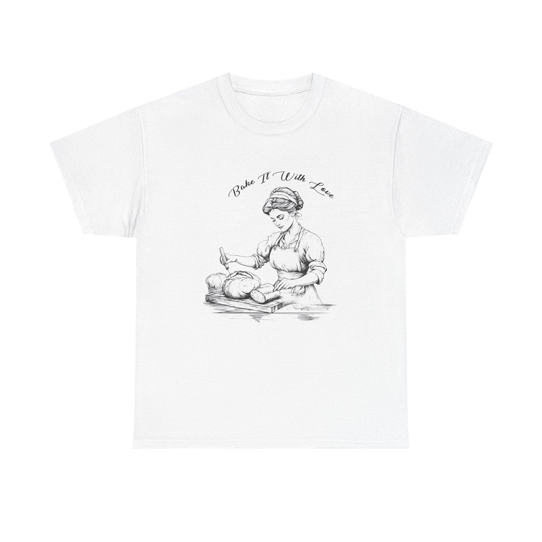 Front view of vintage baker shirt with retro baking graphic