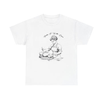 Front view of vintage baker shirt with retro baking graphic